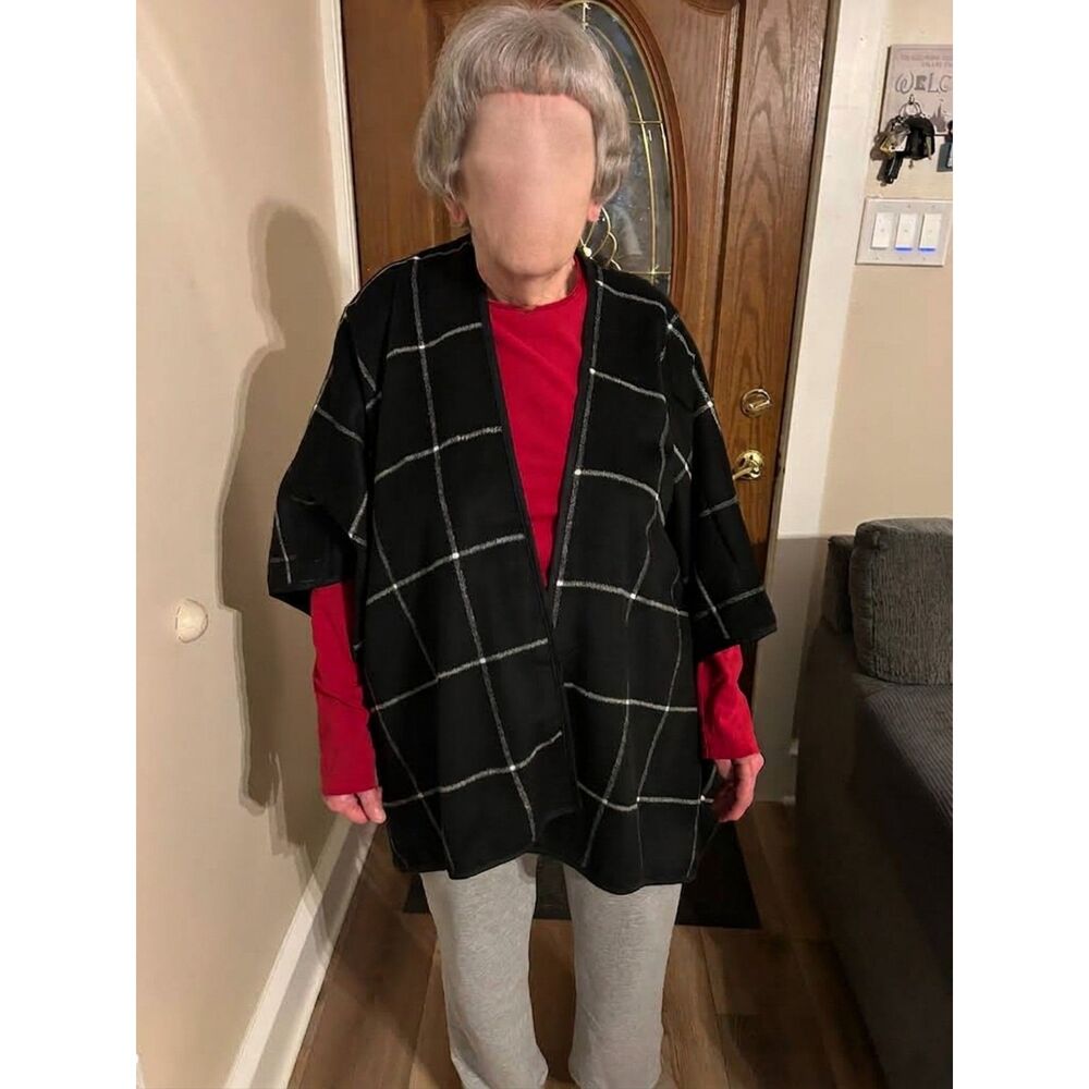 Old Navy Black Windowpane Plaid Open Front Poncho Cape Wrap Jacket XS/S